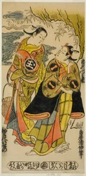 Die Schauspieler Ichikawa Monnosuke I als Minamoto no Yoshiie und Sodesaki Iseno I als Onoe no Mae im Stück "Kaomise Junidan," aufgeführt im Nakamura Theater im elften Monat, 1726 (?)