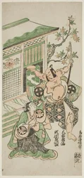 Die Schauspieler Segawa Kikujiro I als Nobutsuras Frau Karumo und Otani Oniji I als Tahara Matataro im Stück "Shusse Momijigari," aufgeführt im Ichimura Theater im elften Monat, 1747