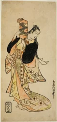 Der Schauspieler Ichikawa Monnosuke I als Oiso no Tora im Stück "Nigiwai Suehiro Soga," aufgeführt im Morita Theater im ersten Monat, 1721 (?)