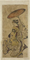 Die Schauspieler Matsumoto Hyozo als Frau mit einem Regenschirm und Nakamura Shichisaburo I als kleiner Junge