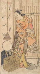 Schauspieler als Frau, die an einem Spiegelständer steht, ca. 1735