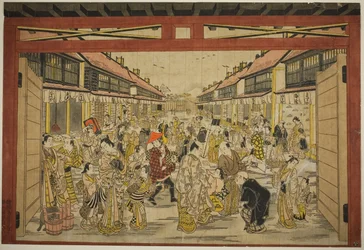 Das Haupttor, Neu Yoshiwara, ca. 1745 (handkolorierter Holzschnitt; toku-oban yoko-e, beni-e)