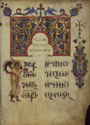 Geschmückter Initial mit Symbol des Evangelisten Matthäus