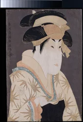 Ein okubi-e Porträt des Schauspielers Segawa Kikunojo III in der Rolle von Oshizu, der Frau von Tanabe Bunzo, aus dem Stück Hana-ayame bunroku soga, aufgeführt im Miyakoza-Theater im fünften Monat von Kansei 6, ca. 1794