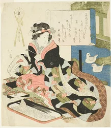 Frau, die Enten anstarrt, oder Der gerechte Körper (Shin), aus der Serie "Drei Werke von drei Ästhetiken (San tai san ban shoku)"