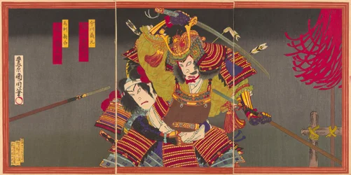 Die Schauspieler Ichikawa Sadanji I als Imagawa Yoshimoto und Onoe Kikugoro V als Mori Shinsuke
