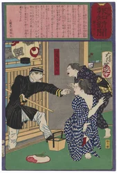 Die Geisha Ofusa aus dem Amanoya, der an einem heißen Abend wegen unsittlicher Entblößung die Verhaftung droht