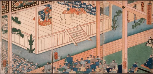 Der General der Rechten, Fürst Yoritomo, besichtigt eine besondere Nō-Aufführung