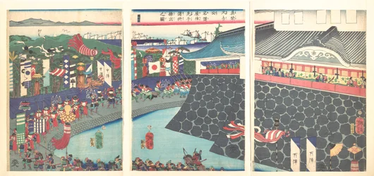 Hideyoshi und seine Truppen verlassen das Lager von Nagoya (Darstellung der Generäle beim Ausmarsch vor dem Lager von Fürst Mashiba Hideyoshi in Nagoya)