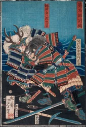 Konda Teihachirō Tadakazu und Makara Jūrōzaemon Naozumi ringen am Wasser