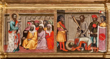Predella mit dem Leben des Heiligen Bartholomäus, enthauptet in Armenien, Detail aus Jungfrau und Kind umgeben von Engeln und Heiligen (Detail)