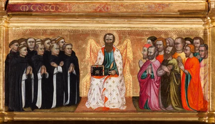 Predella mit dem Leben des hl. Bartholomäus, aus Jungfrau und Kind umgeben von Engeln und Heiligen (Öl auf Tafel)