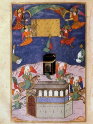 Engel schmücken die Kaaba in Mekka. Türkische Miniatur von Suth Abdullah, Maler am Hof von Murad III.
