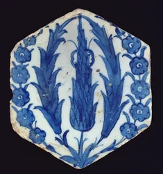 Hexagonale Isnik-Fliese mit Zypressen und einer Prunus, 1560-70