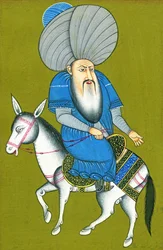 Nasreddin Hodja reitet rückwärts auf seinem Pferd