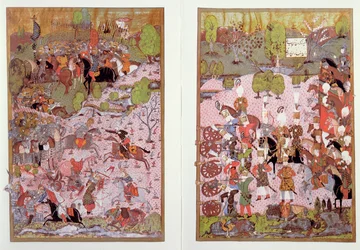 Die Schlacht von Mohács zwischen Türken und Ungarn, 1526, Faksimile einer Miniatur im Topkapi-Museum in Istanbul