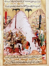 Der Prophet Muhammad (570-632) (Gesicht bedeckt) während der Belagerung von Mekka. Türkische Miniatur des 18. Jahrhunderts Topkapi-Palast Istanbul Türkei
