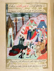 Der Prophet Muhammad (570-632) (sein Gesicht bedeckt) betet für Regen vor der Schlacht von Badr