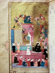 Der Prophet Muhammad (570-632) (bedecktes Gesicht) während des Mirac, seines Aufstiegs in den siebten Himmel. Miniatur aus dem Manuskript 