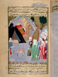 Der Prophet Muhammad (Mohammed oder Muhammad) (570-632) hört das Weinen einer Miniatur-Rehkuh, aus einem türkischen Manuskript geschrieben von Erzeni, illustriert von Seyyid Suleiman Pasha, erzählt das Leben von Muhammad, 18. Jahrhundert. Istanbul, Türkisc