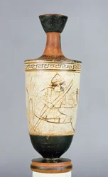 Attische weißgrundige Lekythos, dekoriert mit Charon, dem Fährmann der Unterwelt, der die Seele eines Verstorbenen empfängt, aus Athen, ca. 475-425 v. Chr.