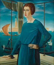 Die Frau des Künstlers mit Venedig im Hintergrund, 1921