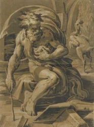 Diogenes, sitzend vor seinem Fass, liest aus einem Buch, ein gerupftes Huhn steht dahinter, ca. 1527-30