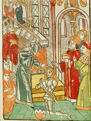 Ritterschlag für Heinrich von Ulm, durch Kaiser Sigismund, während des Konzils von Konstanz