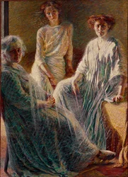 Drei Frauen. Alle drei sind in Weiß gekleidet und symbolisieren die drei Lebensalter. Gemälde von Umberto Boccioni (1882-1916), 1909-1910. Maße: 180 x 132 cm. Privatsammlung