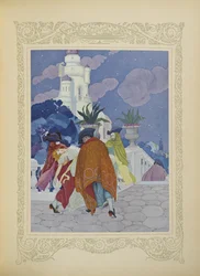 Vier maskierte Männer trugen sie auf die Spitze des Turms, Illustration aus 