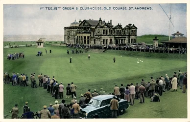1. Abschlag, 18. Grün & Clubhaus, Old Course, St. Andrews, um 1955