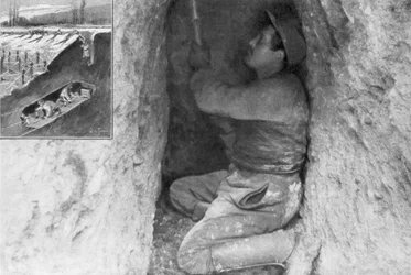 Ein französischer Pionier gräbt einen Tunnel, um eine Mine unter den feindlichen Linien zu platzieren, Frankreich