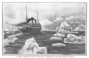 Ein Liner bahnt sich seinen Weg durch ein Eisfeld im Nordatlantik, 20. April 1912