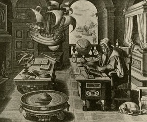 Ein Navigations-Experte bei der Arbeit in seinem Arbeitszimmer mit Globus und Kompass, um 1591, 1928