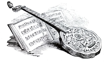 Eine Tudor-Zither und ein Musikbuch