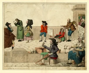 Eine Ecke des Pont Neuf, Paris, mit lahmen Bettlern und Straßenverkäufern, ca. 1813