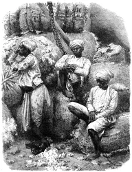 Ein Baumwollmarkt in Bombay, Indien, 19. Jahrhundert