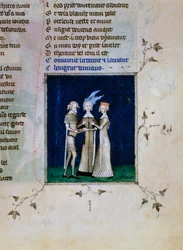 Ein Ritter und eine Dame tauschen Ringe, ca. 1350