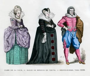 Eine Hofdame, Marie de Medici als Witwe, und ein Herr, um 1620