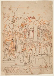 Ein Blatt aus einer Baramasa-Serie: der Monat Jyestha Mai-Juni, Krishna beobachtet die Gopis..., um 1760