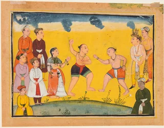 Eine Seite aus dem Mahabharata: Bhima kämpft mit Jayadratha, ca. 1615