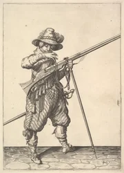 Ein Soldat bläst auf ein Streichholz, aus der Serie Musketiere, Platte 40, in Wapenhandelinghe van Ro...