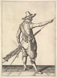 Ein Soldat zieht den Ladestock aus seinem Halter, aus der Serie Musketiere, Platte 25