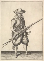 Ein Soldat schüttelt das Pulver vom oberen Teil der Pfanne, aus der Serie Musketiere, Platte 19