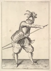 Ein Soldat, der seine rechte Hand entlang der Trainingslanze gleiten lässt, aus der Lansquenets-Serie, Platte 2