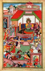Abul-Fazl ibn Mubarak präsentiert das Akbarnama an Akbar