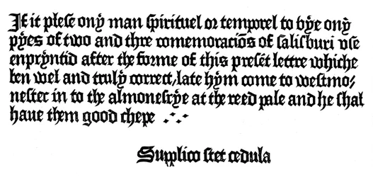 Werbung für ein Buch, gedruckt von William Caxton, 15. Jahrhundert, 1893