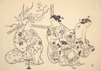 Eine Oiran sitzt in einem Salon und wendet die Feuerbehandlung auf den entblößten Rücken einer anderen Frau an