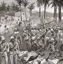 Anglo-ägyptische Truppen stürmen das Dorf Ferkeh in der Schlacht von Ferkeh oder Firket, 7. Juni 1896, während des Mahdi-Aufstands