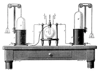 Antoine Lavoisiers Apparat zur Synthese von Wasser aus Wasserstoff links und Sauerstoff rechts, 1881